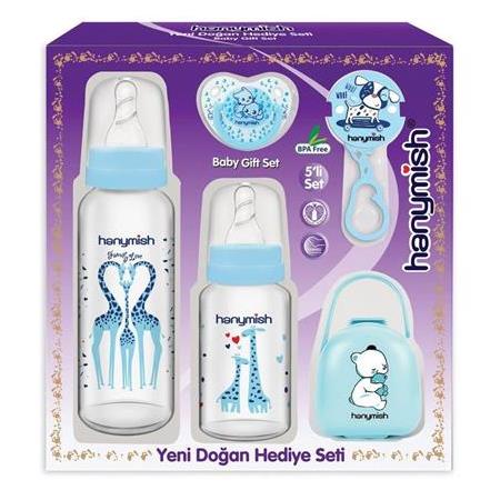 Yeni doğan Cam Hediye Seti 5'li MAVİ