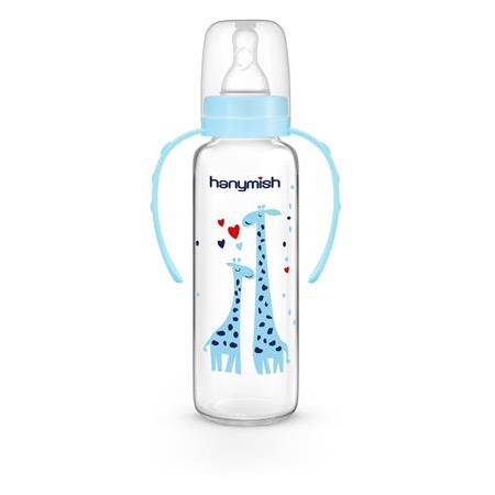 Hanymish 240 ml Cam Biberon KULPLU MAVİ