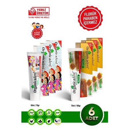 ORGANİCADENT  Misvaklı Doğal Diş Macunu & Doğal Çocuk Diş Macunu (6'lı Paket)